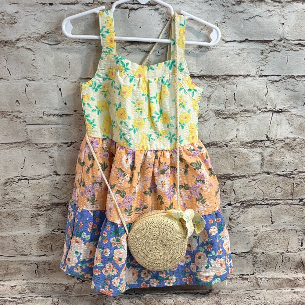 Charming Floral Kids Tiered Dress with Matching Straw Bag